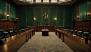 An empty formal council chamber with curved wooden seating, a raised dais and green desk lamps