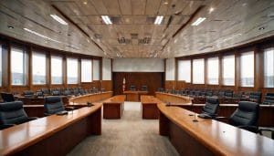 Empty modern council chamber with curved wooden desks and microphones, lit by natural daylight through large windows