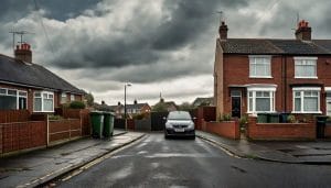 A quiet residential street of British semi-detached houses with parked cars and wheelie bins under an overcast sky