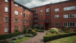 A modern red-brick supported housing building with an accessible entrance ramp and a small communal garden under an overcast sky
