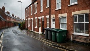 A row of traditional brick terraced houses on a quiet English residential street with wheelie bins outside under an overcast sky