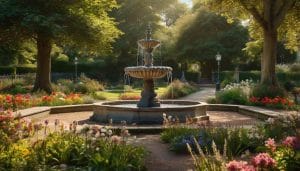 A sunlit Victorian public park with a stone fountain, colourful flower beds, mature trees and wrought-iron benches on a gravel path