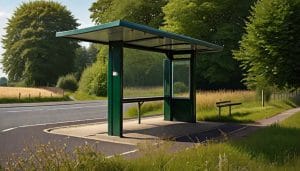 A modern cantilever bus shelter beside a quiet rural road surrounded by green hedgerows and farmland on a sunny day