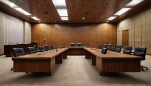 Empty modern council committee chamber with wooden desks arranged in a horseshoe formation under institutional lighting