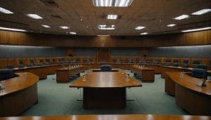 Empty modern council chamber with curved wooden desks and microphones, illustrative image