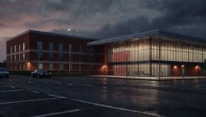 Generic local government office building exterior at dusk, illustrative image