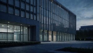 Illustrative image of a generic modern British civic building exterior at dusk, representing local government finance