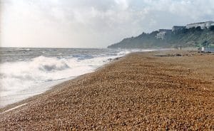Waves breaking on the shingle beach below the Leas, Folkestone, during a winter storm
