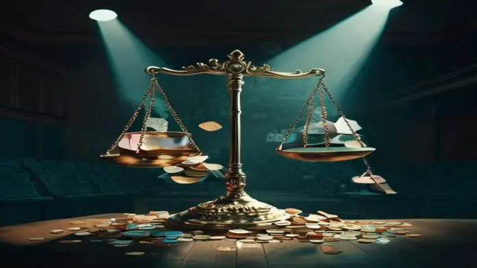 Editorial illustration of brass scales of justice tipped dramatically off-balance — one side overflowing with coins and council-tax papers, the other side empty — set against a darkened, empty parliamentary chamber. Illustrates the evidential picture raised in Kent Local News' Kent LGR investigation.