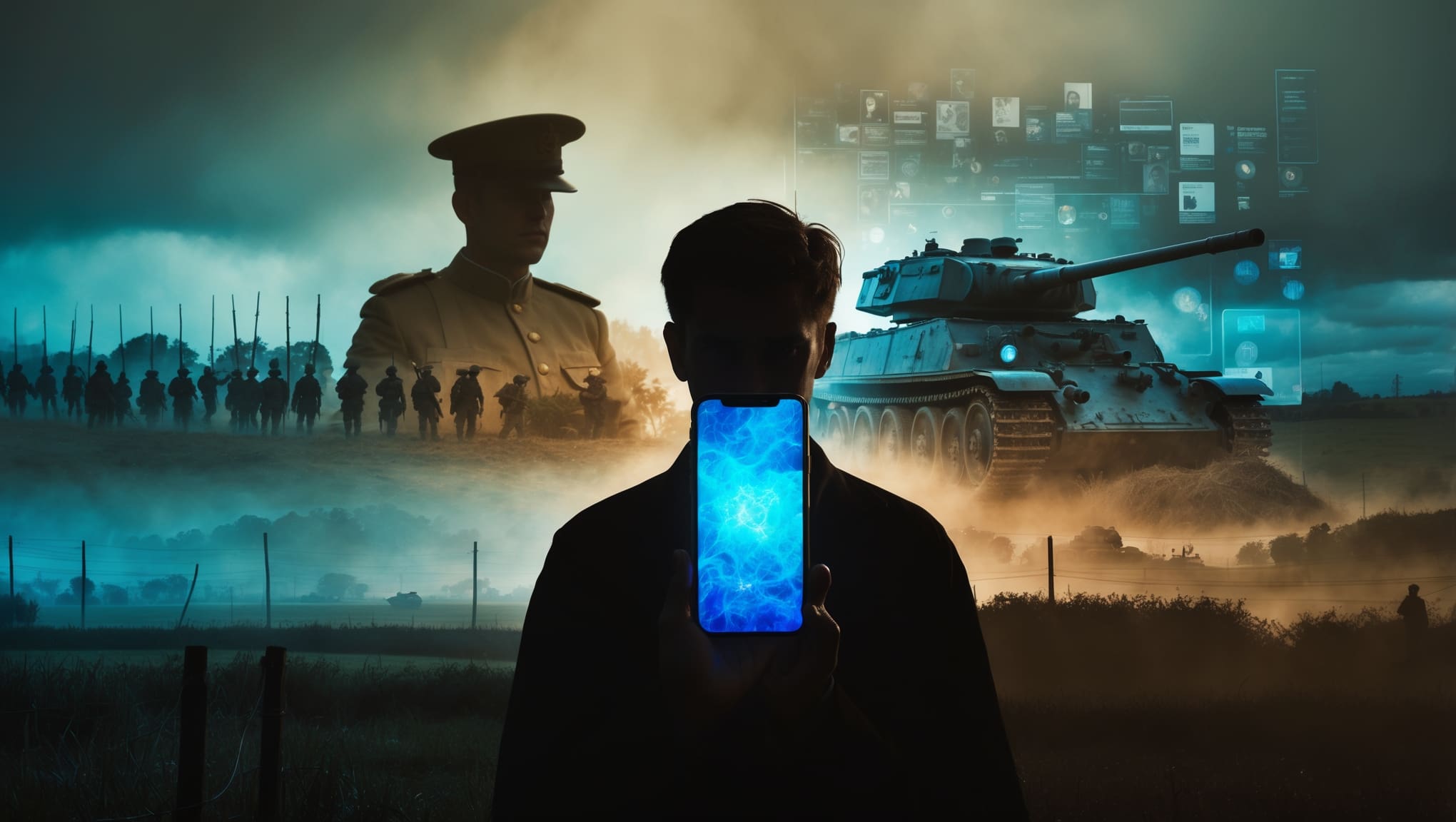 Fifth generation warfare concept - silhouetted figure with glowing smartphone against backdrop of military history evolving into digital information warfare