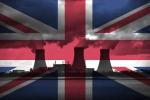 Nuclear power plant with British flag overlay representing UK energy strategy