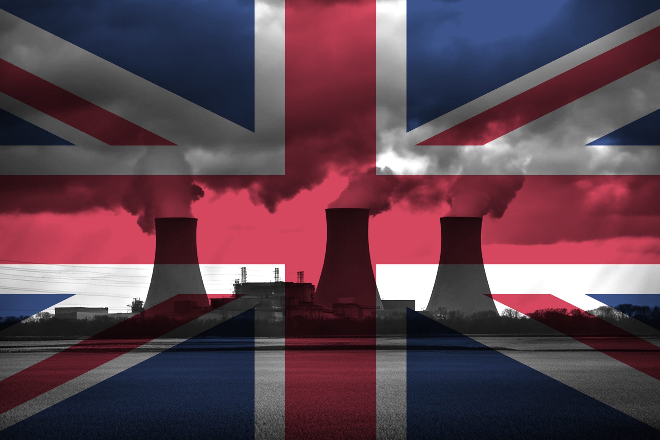 Nuclear power plant with British flag overlay representing UK energy strategy